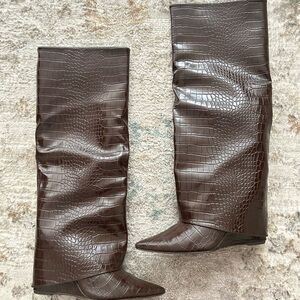 Brown Croc-Embossed Knee-High Heel Boots